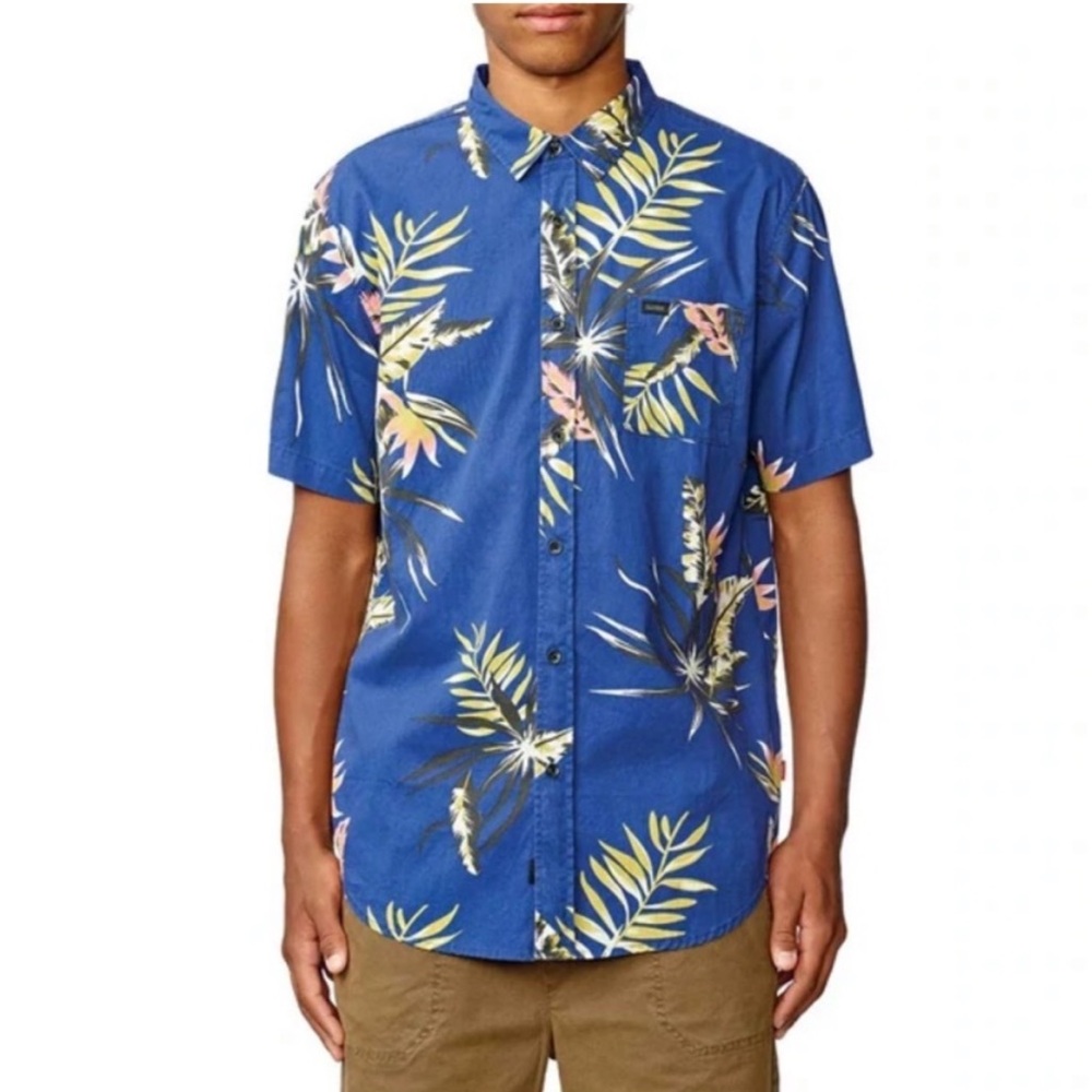 GLOBE Blue Tropical Button Down Shirt Size Large- Short‎ Sleeve "Paradise Found"